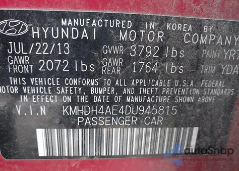 2013 Hyundai Elantra Gls from USA, damaged, VIN KMHDH4AE4DU945815